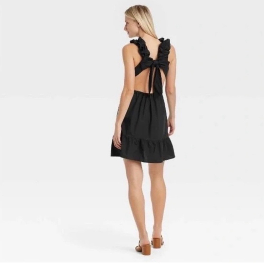 Who What Wear Dress Womens Small Black Ruffle Tie Back Open Back Cotton Mini LBD